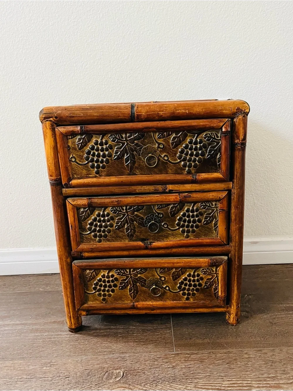 Bamboo Accent 3-Drawer Side Table in Warm Brown